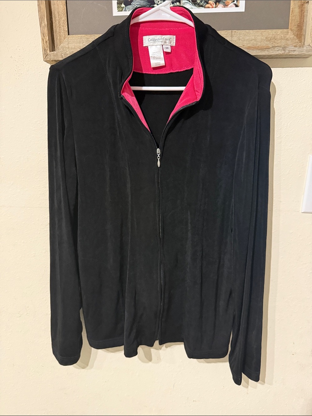 Coldwater Creek Black Zip-Front Jacket with Pink Inner Collar